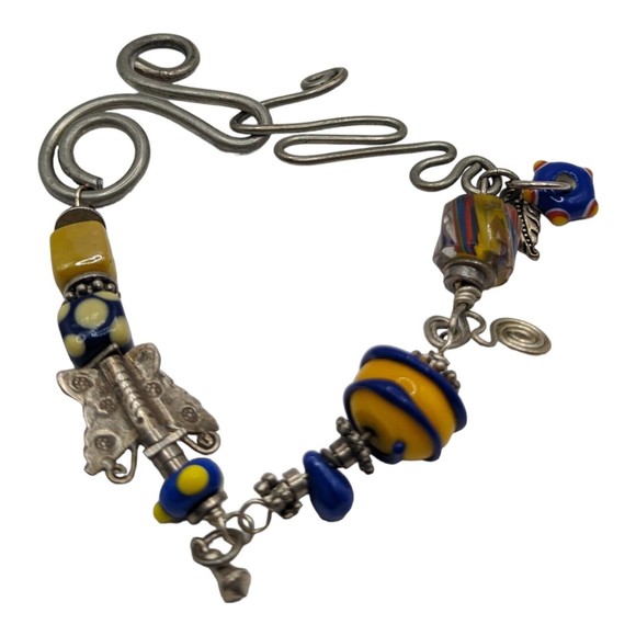 Jewelry - Beautiful Artisian-Made Blue Yellow Red Art Glass Ceramic 8" Bracelet Butterfly